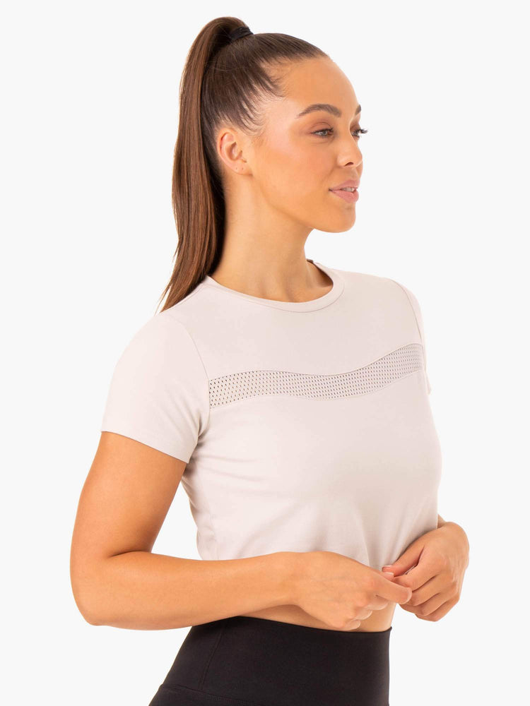 Camiseta Ryderwear Híbrido Mesh Mujer Blancos | KZGDO3692