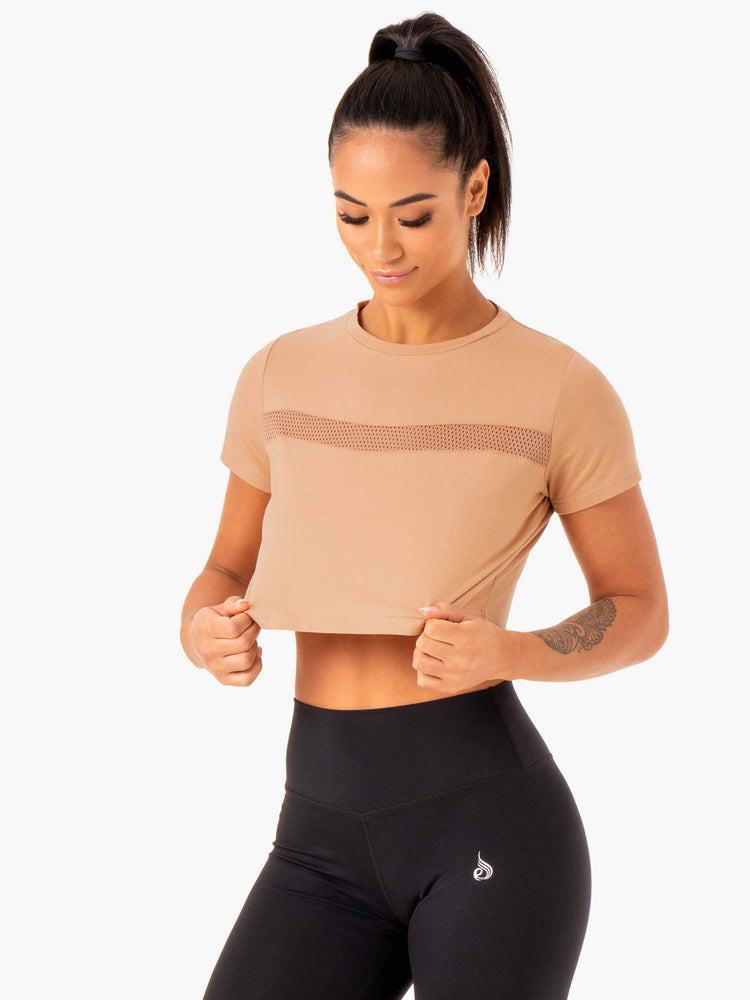 Camiseta Ryderwear Híbrido Mesh Mujer Marrom | TEGCS5891